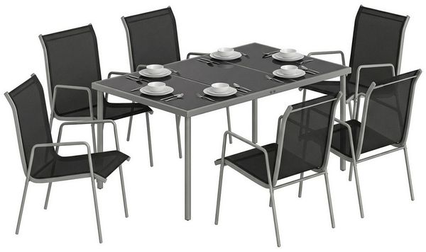 Outsunny Garten-Essgruppe mit 6 Atmungsaktiven Stühlen, Sicherheitsglas Tischplatte, (Gartenset, 7-tlg, Gartenmöbel Set), für Garten Balkon Terrasse Schwarz