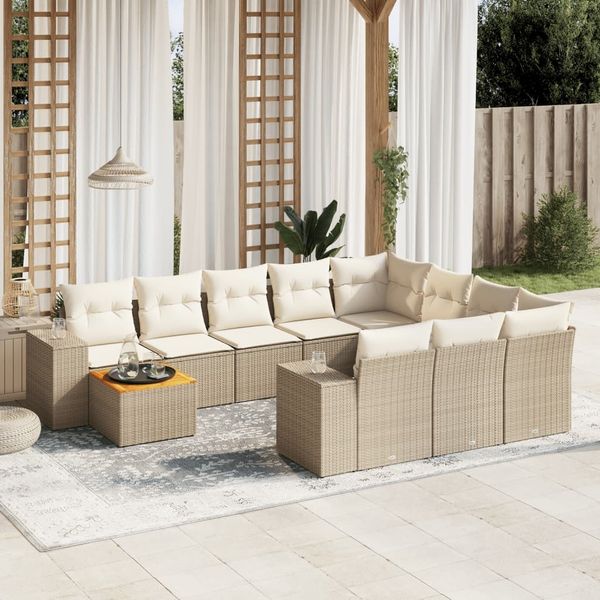 vidaXL 11-tlg. Garten-Sofagarnitur mit Kissen Beige Poly Rattan 3257962