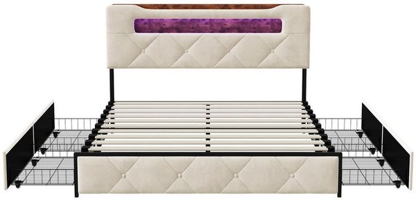 Gdood Polsterbett LED Stauraumbett 140x200cm, Doppelbett mit Kopfteil und 4 Schubladen (1-tlg, Samtmaterial Polsterbett mit RGB Beleuchtung), Bett mit Lattenrost, Ladefunktion, Komforthöhe und leisem Design