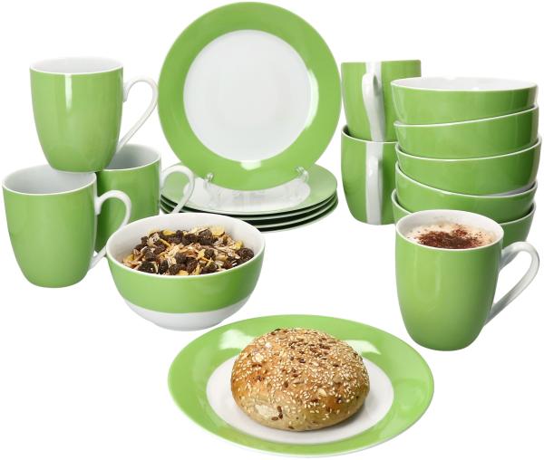 18tlg Frühstücksset Variant Grün Porzellan 6 Personen Teller Schale Becher