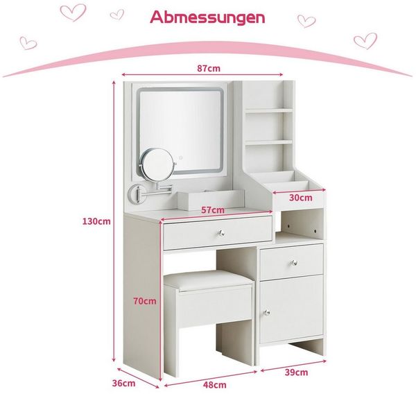 JYMTOM Schminktisch mit LED Beleuchtung Spiegel, Verstellbarer Helligkeit, 130x87x36 cm (mit Hocker), Kosmetiktisch mit 2 Schubladen, Frisiertisch mit drehbarem Spiegel