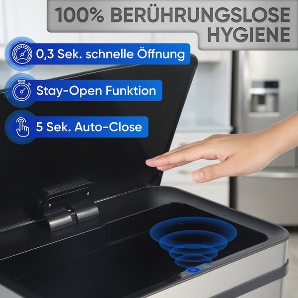 Allyson Mülleimer Edelstahl Mülleimer mit Sensor-Automatik Abfalleimer Trennsystem, 4-Zonen-Trennung, Infrarot-Sensor, Soft-Close, rollbare Schublade.