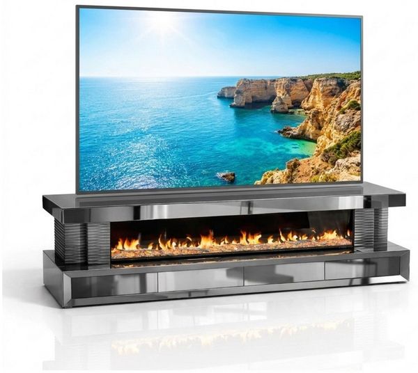 HOOZ TV-Schrank TV Lowboard mit Kamin – modernes Design Anthrazit eckig 200 cm (Einzelprodukt, 1-St, TV Möbel Einzelmöbel) 3D-Flammenoptik, Push-Open Schubladen, hochglänzende Glasoberfläche