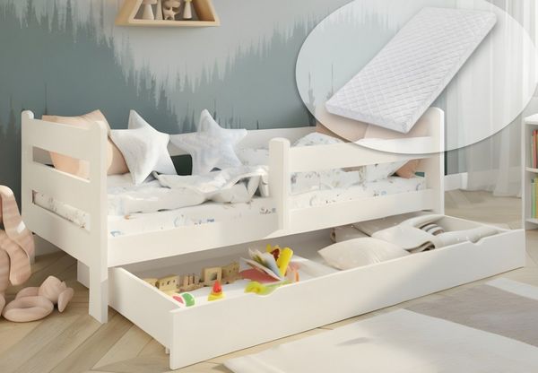 Kids Collective Kinderbett Kinder Jugendbett 80x160 und 90x200 cm Mit Schublade & Rausfallschutz, 80×160 cm, stabiles Kiefernholz, Weiß mit Matratze