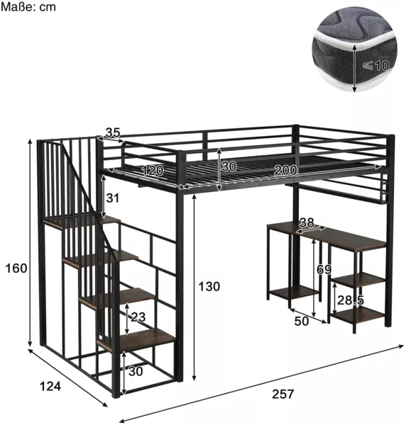 Hochbett mit Schreibtisch und Regal (120x200 cm) Kinderbett mit Rausfallschutz, Lattenrost und Treppe, Metallbett Bild 6