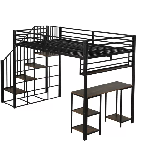 Hochbett mit Schreibtisch und Regal (120x200 cm) Kinderbett mit Rausfallschutz, Lattenrost und Treppe, Metallbett Bild 8