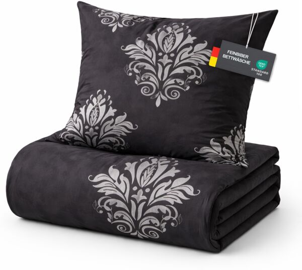 Feinbiber Bettwäsche-Set Schwarz (Ornament) 155x220 cm