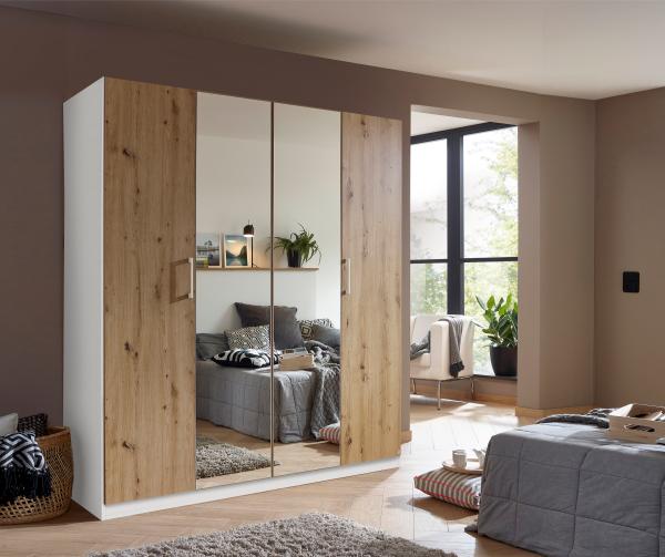 rauch Kleiderschrank; Drehtürenschrank COSMO, 4-türig, 2 Spiegeltüren,, Eiche Artisan/Alpinweiß, mit Aufbewahrungsboxen, 181x197x54xcm