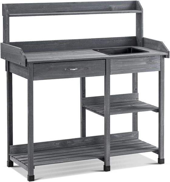 MCombo Pflanztisch Gärtnertisch Blumentisch 0458EY, mit Waschbecken Schublade und Ablagefläche Wetterfest Holz, anthrazit, 115 x 45 x 121 cm