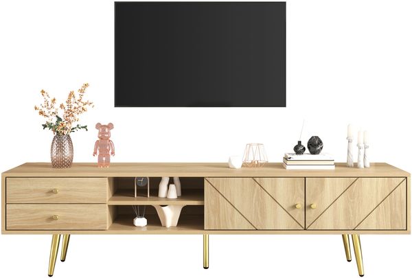TV-Schrank 160 cm mit Goldfüßen, Zwei Schubladen und Einzigartig Gestalteten Türen