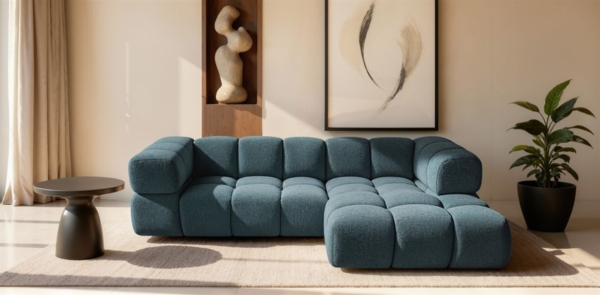 Ecksofa Designersofa BLANCHE in Stoff Puente Türkis Ottomane Rechts