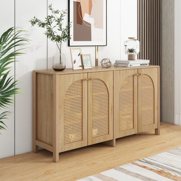 Sideboard mit gebogenen Kunst-Rattan-Türen, 4 Fächern, verstellbaren Regalen, stabilem MDF-Korpus, vielseitig für Wohnzimmer & Essbereich