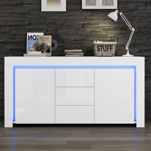 Wohnzimmerschrank mit 3 Schubladen & 2 Türen, Hochglanz-Sideboard mit LED-Leiste, 140×40×65 cm