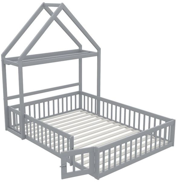 Flieks Massivholzbett, abnehmbares Kinderbett Hausbett mit Regal und Kleiderstange 140x200cm