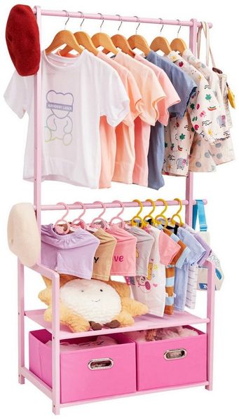 Yorbay Kleiderständer Kinder Kleiderständer aus Bambus, 74 x 35 x 140cm, Kinderregal, (Mit 2 Boxen, Kleiderstange, Kinder offnene Kleiderschrank), Garderobenständer für Kinder, Kinderzimmer und Schlafzimmer