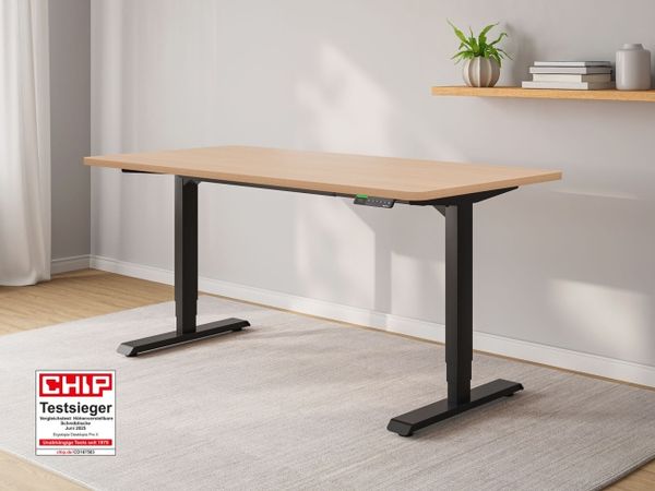 Ergotopia Desktopia Pro X I Elektrisch höhenverstellbarer Schreibtisch I 160x80 cm I Buche Dekor rund I Gestell Schwarz I Inkl. Ziele- und