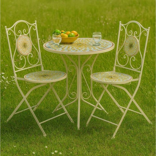 Kobolo Balkonset Sitzgruppe Gartenmöbel Mosaikoptik - 1 Tisch 2 Stühle Metall - weiß, (3er Set, 3-tlg, 3 Teile)