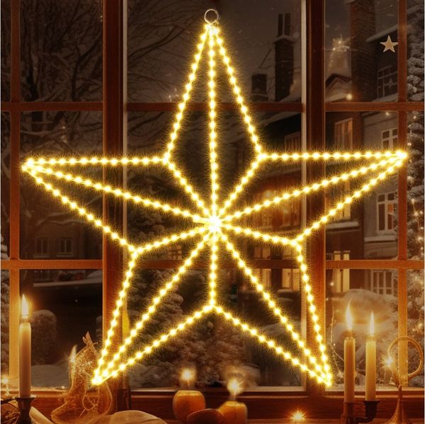 Quntis LED-Lichterkette LED Stern Fensterdeko, Warmweiß weihnachtsdeko, Faltbar, mit 3m Kabel, 50cm Fünfzackstern, 282 LEDs, IP20, inkl. Haken, Ideal für Fenster