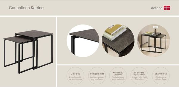AC Design Furniture Jannis Quadrat Couchtischsatz, Tischplatte schwarz Fairbanks rau keramisch, Kufe Gestell matt schwarz rau pulverbeschichtet Stahl mit Satz aus 2 stück, 50 x 50 x 55 cm