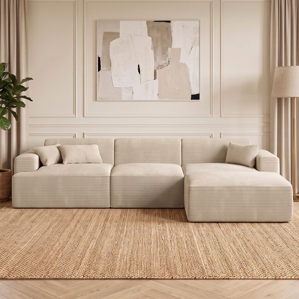 skølm 'Freki' Cloud Sofa 3 Sitzer mit Hocker, Vollschaumcouch mit Federkern und Vakuum-Kompression, kein Aufbau erforderlich, mit 3 Kissen, Cord beige
