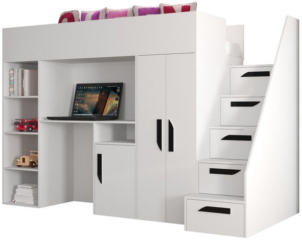 ABIKS MÖBEL Hochbett PARTY 14 Etagenbett für Jugendliche mit Schreibtisch, Kleiderschrank