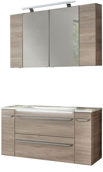 FACKELMANN LUXOR Badmöbel Set 7-teilig 120 cm breit, Braun hell, Waschbecken Gussmarmor Weiß + LED Spiegelschrank + Hängeschränke + Unterschränke
