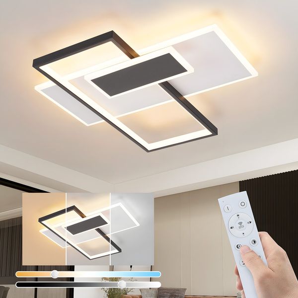 ZMH LED Deckenleuchte Dimmbar Wohnzimmerlampe 62W mit 2 Deckenspots, Schwarz, mit Fernbedienung, Modernes Acryl Design