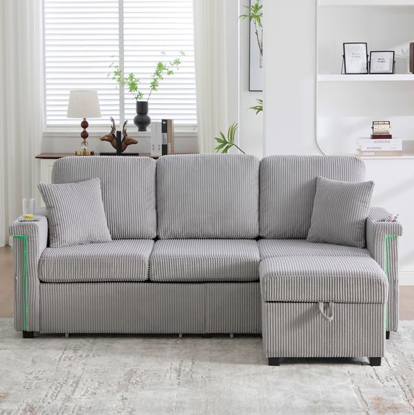 Sofa mit USB-Anschluss, LED & Stauraum, 194 x 127 x 81 cm, Hellgrau