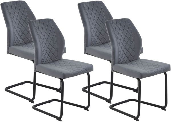 Hela Tische, 4er Set Freischwinger Küchenstuhl Oslo, Bezug Velvet/Samt Dunkelgrau, Rundrohr-Metall-Gestell Schwarz, Rautensteppung, 140kg belastbar