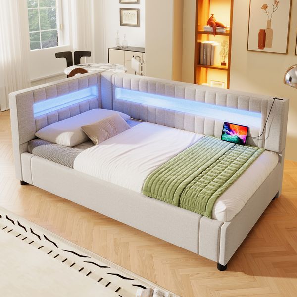 Merax Hydraulisches Polsterbett mit Ladefunktion, LED und Stauraum, Leinen Beige, 90 x 200 cm