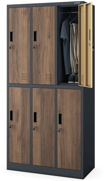 Umkleideschrank Spind IGOR - 6 Abteile, Etikettenhalter Lüftungsschlitze | Umkleidespind Schließfachschrank Garderobenspind, 185x90x45cm Anthrazit-Nussbaum