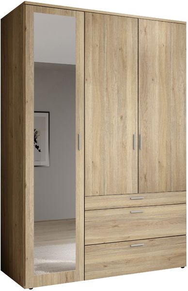 Stella Trading VESALA Kleiderschrank mit Spiegeltür in Mauvella Eiche Optik - Vielseitiger Drehtürenschrank 3-türig für Ihr Schlafzimmer - 135 x 195 x 56 cm (B/H/T)