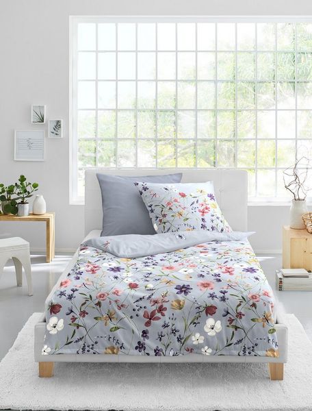 Bettwäsche Bierbaum Mako Satin 4180-20 Blumen hellblau 135x200