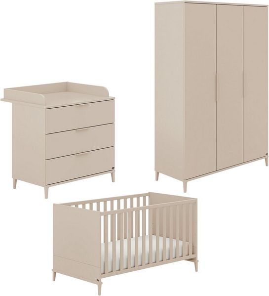 YUNY by PAIDI Babymöbel-Set SISTER LOU, 3-teiliges Babyzimmer in Beige, modernes Komplettset, (Spar-Set, 3-tlg, 70x140 cm Babybett, Kleiderschrank 3-türig, Wickelkommode inkl. Aufsatz), Kinderzimmer, Soft-Close-Funktion, Mitwachsendes Bett inkl. Lattenrost