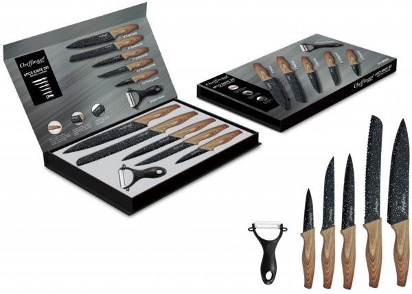 Messerset 6-tlg Messer Kochmesser Sparschäler. MB06 Holzoptik