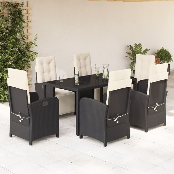 vidaXL 7-tlg. Garten-Essgruppe mit Kissen Schwarz Poly Rattan 3212453