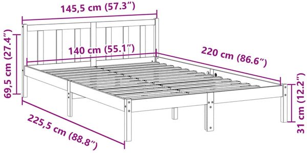 vidaXL Massivholzbett Extra Lang ohne Matratze Weiß 140x220 Kieferholz 852449 Bild 9
