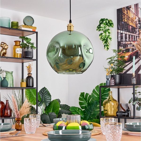 hofstein Hängeleuchte Hängelampe aus Metall/Glas in Goldfarben/Grün, ohne Leuchtmittel, Hängeleuchte im Retro/Vintage-Design (Schirm Ø 30 cm), 1 x E27