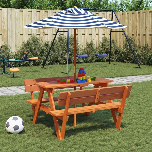 Gartentische, Picknicktisch für 4 Kinder mit Sonnenschirm Massivholz Tanne