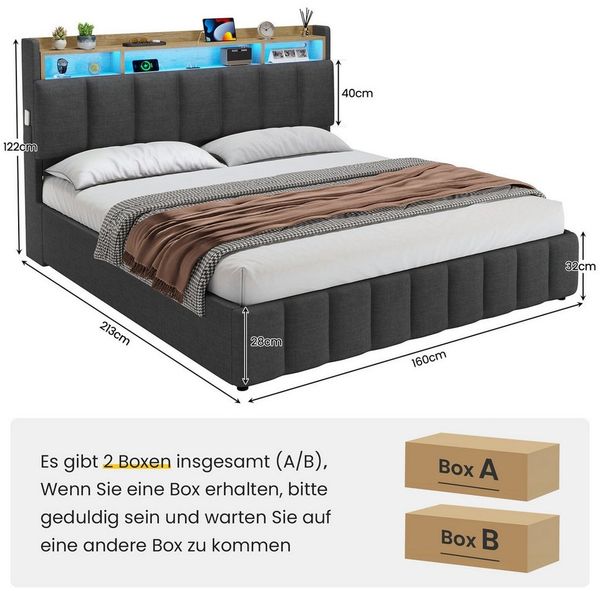 KIMENICH Polsterbett mit LED Beleuchtung und Ladefunktion (1-tlg, Ohne Matratze), Jugendbett Hydraulisches Stauraumbett, 160x200 cm