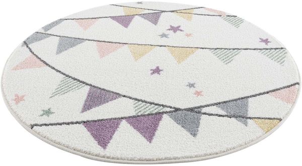 carpet city Kinderteppich Kinderzimmer Creme Lila - 120 cm Rund - Wimpel-Motiv - Kinderzimmerteppiche Mädchen - Babyzimmer-Teppich - Spielteppich