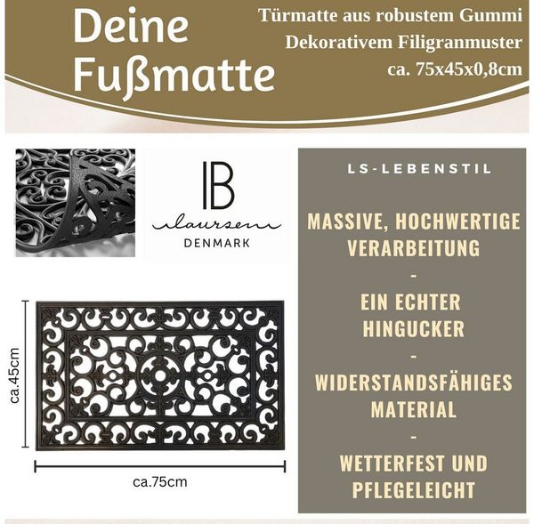 LS-LebenStil Fußmatte Türmatte Fußmatte Gummi Filigran 75x45 cm Schwarz Fußabtreter Außen, Rechteckig, Ornament Antirutschmatte Türvorleger Schmutzfangmatte Gummimatte