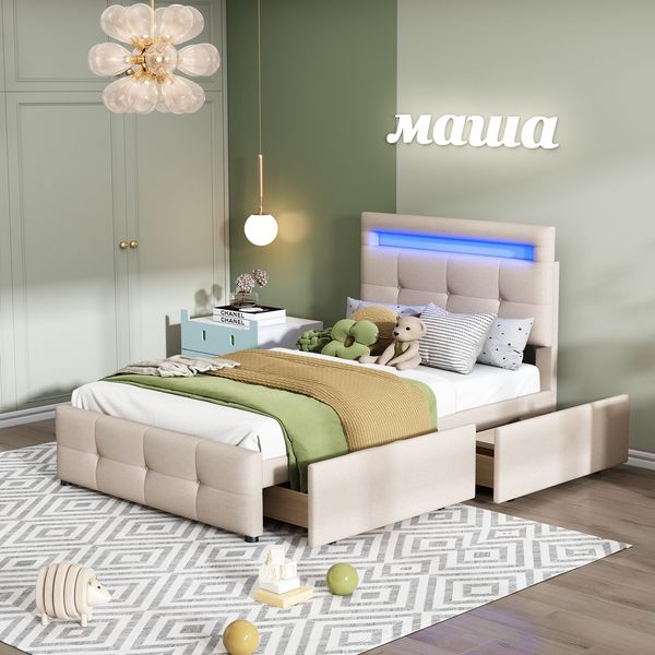 Polsterbett 90*200cm mit LED-Leuchten, 2 Schubladen, hautfreundlicher Leinenpolsterung flach Einzelbett Kinderbett Jugendbett Gästebett (Beige)