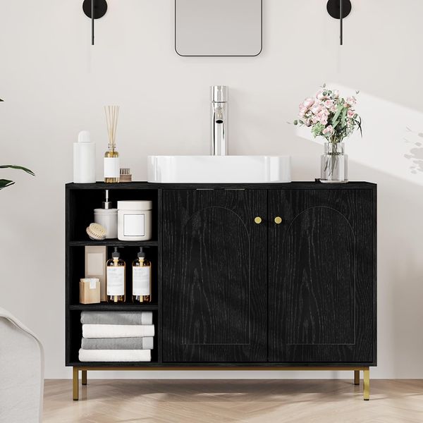 Waschbeckenunterschrank, Unterschrank, Waschtischunterschrank, Badezimmerschrank mit 2 Türen, Verstellbare Ablage, Viel Stauraum, Moderner Stil, 30 x 90 x 63 cm, Schwarz