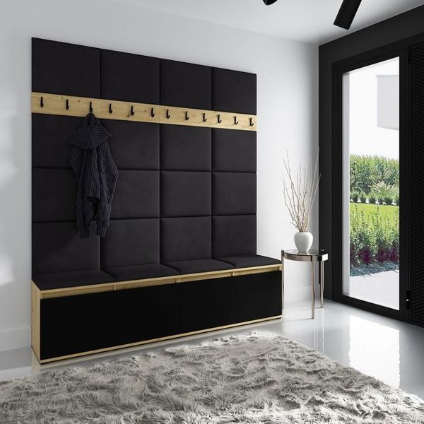 Großes Garderoben-Set Hello mit Schuhregal und Polsterplatten in Artisan/Schwarz (Trinity 16), Ideal für Flur und Eingangsbereich, 225 x 40 x 200 cm