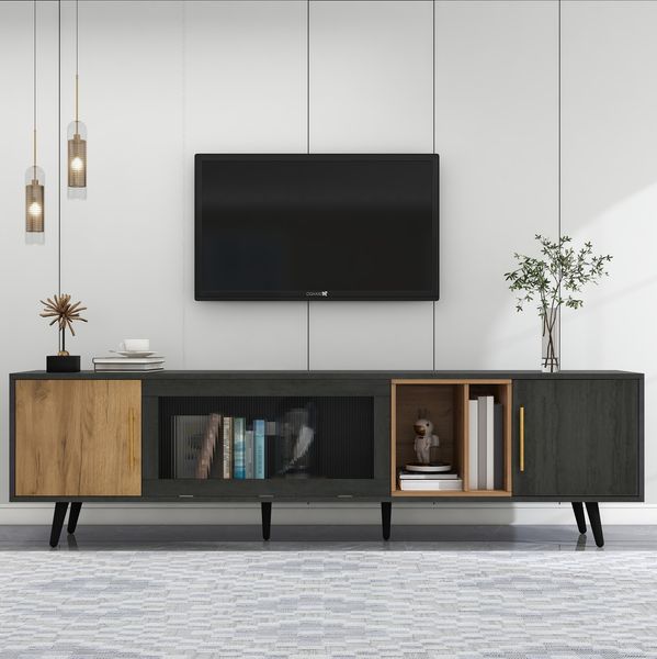TV-Schrank Grau/Holz, 200x40x55,5 cm, für TV ab 90 Zoll mit herunterklappbarer Glastür