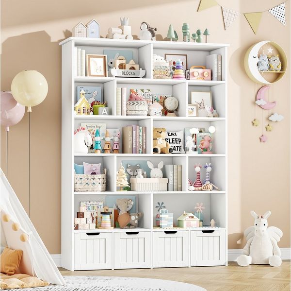 Homfa Kinderregal mit 4 Spielzeugkisten auf Rollen, Spielzeugregal mit 12 offenen Fächern Spielzeugtruhe 125x175x33cm weiß