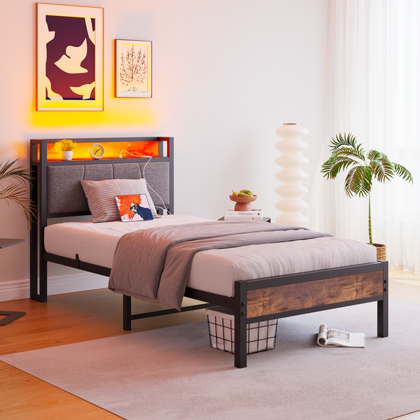 Flieks Einzelbett 90 x 200cm, Metallbett mit LED-Lichtern, USB-Ladestation & gepolsterter Kopfteil, Braun
