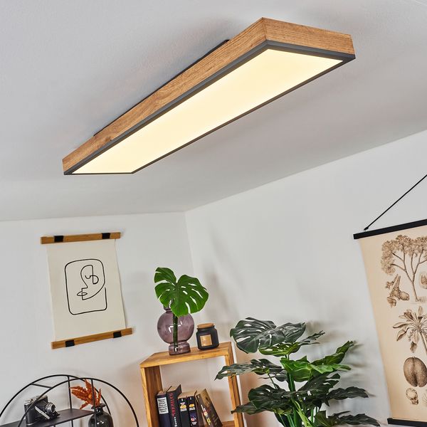 hofstein Deckenleuchte »Vacil« modernes Deckenpanel aus Metall und Holz in Schwarz/Weiß/Natur, 3000 Kelvin, 24 Watt, 2100 Lumen, längliche Deckenlampe in flachem Design