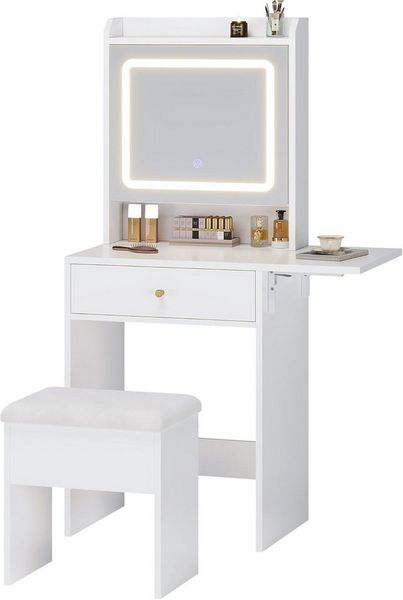 MSMASK Schminktisch mit Beleuchtung, 3 Farben, Einstellbare Helligkeit (Schminktisch Klein mit Hocker), Weiß